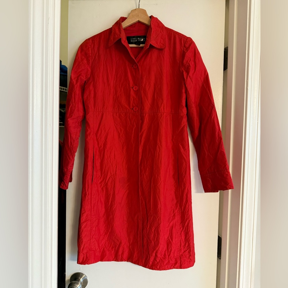 Ellen Tracy 100% Silk Bright Red Long Coat